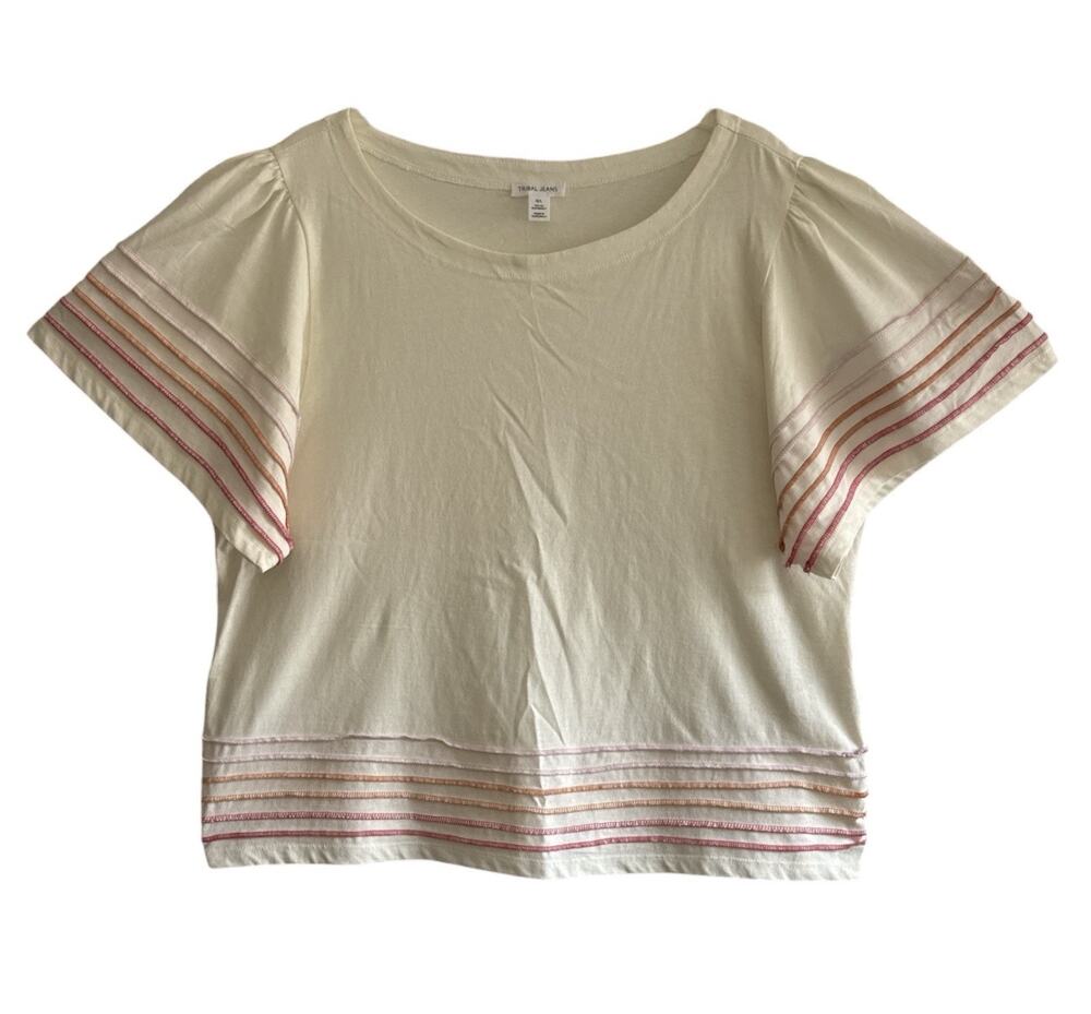 Tribal Brand Top Ivory Flutter Shortsleeve Colorful Seam Embroidered Boho Large